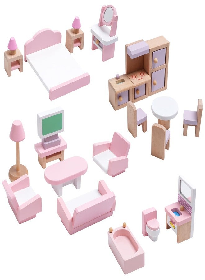 BIERUM Wooden Dollhouse Set, Dolls and Furniture Playset Pretend Play Dollhouse Accessories Set - Image 1